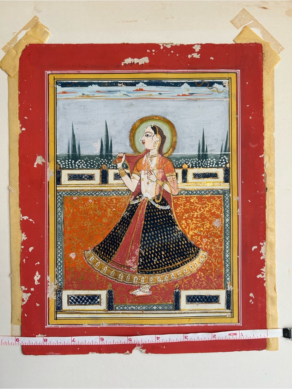Antique Traditional Indian Miniature Woman Painting - Red, Black & Gold